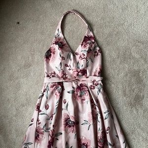 City Studio Halter Neck Pink A-Line Gown | Floral Detail with Silver Accents